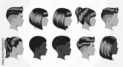 Children hairstyles collection with trendy haircuts for boys and girls in side profile view