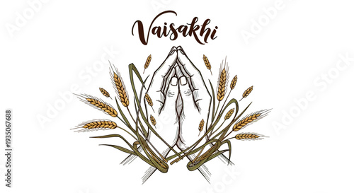 Hand drawn wheat illustration with text Vaisakhi.