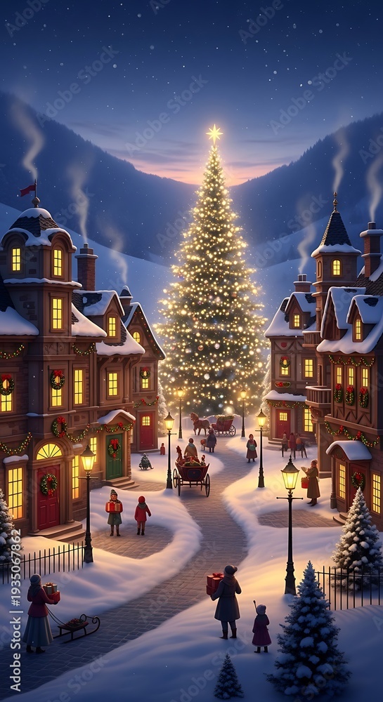 Fototapeta premium Snowy village scene with Christmas tree and lit buildings