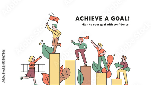 People standing on bar graphs achieving goals with confidence and success