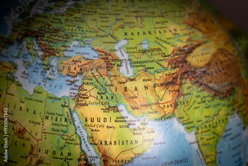 A world map focused on Iran. The United States and Israel declared war on Iran. Political tension in the Middle East. Economic and oil crises caused by the war. Countries and borders. 