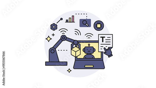 Robotic arm interacting with a computer displaying a robot avatar and data.