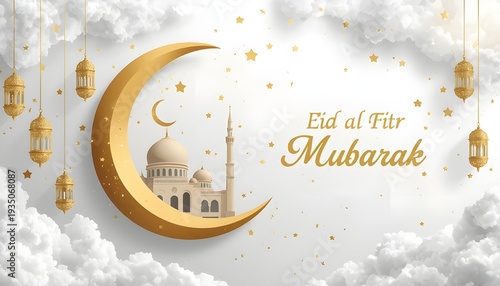 Eid al fitr mubarak greeting card with golden crescent moon, mosque silhouette, hanging lanterns, and stars against a white cloudy background