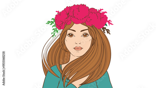A woman wears a vibrant floral crown and looks directly forward.