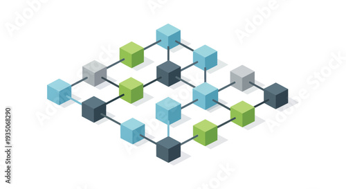 An isometric arrangement of colorful cubes connected by lines creating a network or grid pattern silhouette high quality professional detailed modern