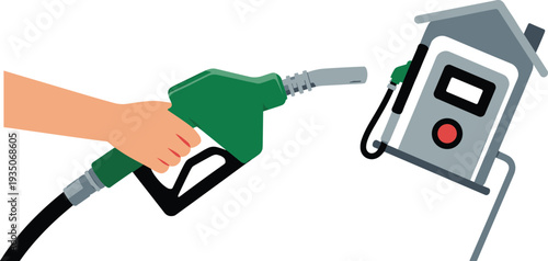 Fuel pump nozzle filling house energy meter, gasoline price concept, rising fuel cost, household energy consumption vector illustration