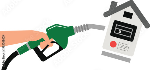 Fuel pump nozzle filling home energy meter, gasoline price concept, fuel cost increase, energy consumption flat vector illustration