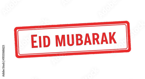 A vibrant red rectangular stamp displays the arabic greeting eid mubarak in bold white lettering silhouette high quality professional detailed modern