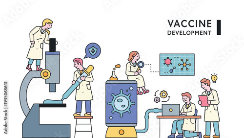 Scientists in lab coats working on vaccine development in a laboratory
