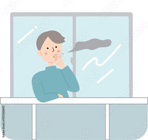 ベランダでタバコを吸う若い男性