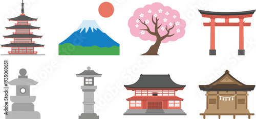 Japan landmark icon set, Mount Fuji, pagoda, torii gate, sakura tree, shrine, Japanese culture flat vector illustration collection