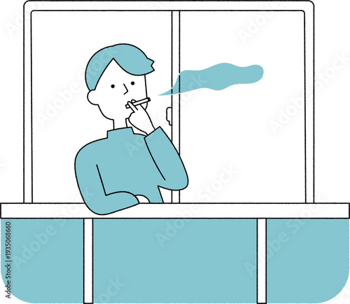 ベランダでタバコを吸う若い男性単色