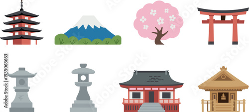 Japan landmark icon set, Mount Fuji, pagoda, torii gate, sakura tree, shrine, Japanese culture flat minimalist vector illustration