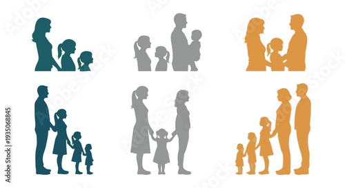 Collection of family silhouette icons showing parents and children isolated on white background