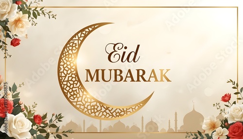 Elegant eid mubarak greeting card with golden crescent moon, floral borders, and mosque silhouette