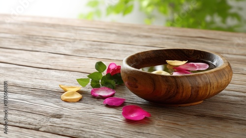 Wooden Bowl with Water and Colorful Rose Petals on Rustic Wooden Table Surrounded by Greenery