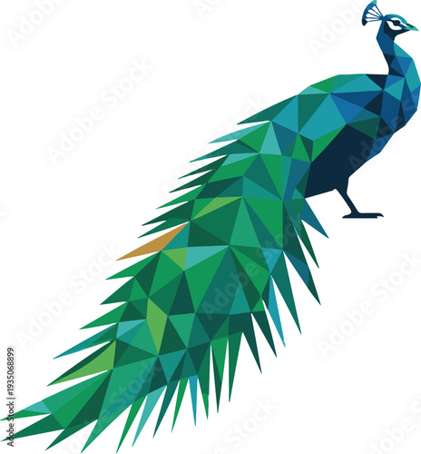 Elegant Geometric Peacock Illustration with Low Poly Green Blue Feathers