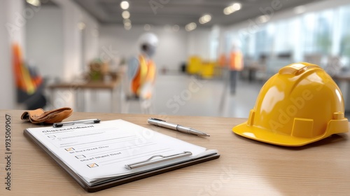 Construction Workspace with Safety Helmet, Checklist, Pen and Workshop Background for Project Planning and Management