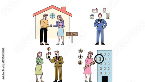 Real estate agents and clients discussing property in a modern illustration