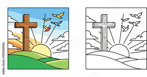 Sunrise Cross with Birds Coloring Page - Easter, Resurrection, Hope, and New Beginnings.
