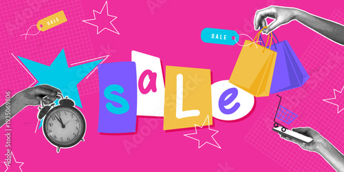 Sale time. Trendy halftone collage. Sale banner with watches and shopping elements in bright, trendy colors, collaged. Online shopping banner concept, sale banner. Vector illustration.