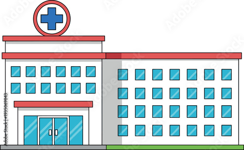 Hospital Building Illustration with Medical Cross Symbol Healthcare Facility Exterior for Health Services Emergency Care Websites Apps and Design