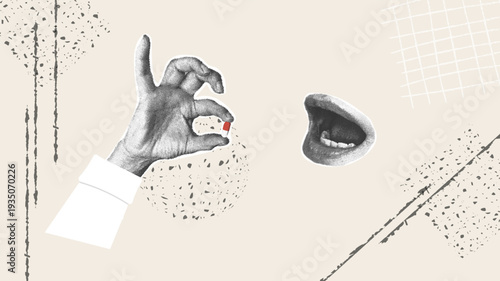 Taking pills. Treatment, prevention. Trendy halftone collage with grainy photocopy for flyers, banners, and social media. Vector illustration.