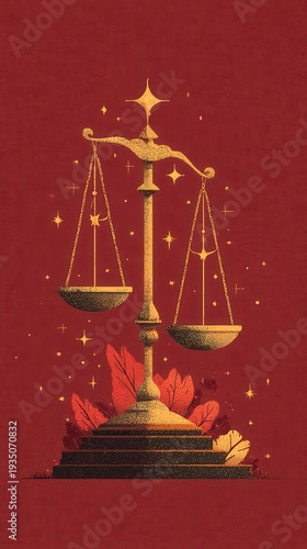 Golden Scales of Justice on a Rich Red Background with Stars