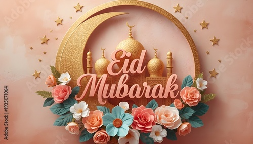 Elegant eid mubarak greeting card with golden crescent moon, mosque silhouette, and beautiful floral arrangement