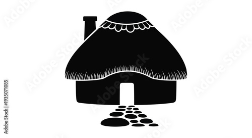 A striking black silhouette depicts a traditional thatched roof cottage with a chimney and stone pathway silhouette high quality professional detailed modern
