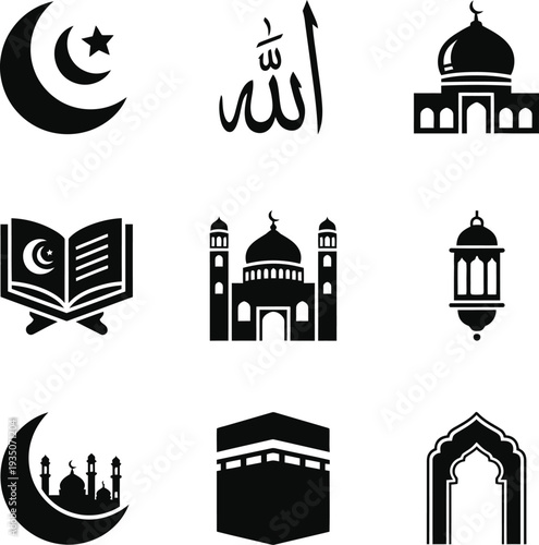 Islamic symbols and mosque illustrations showcasing faith, culture, and tradition in simple graphics
