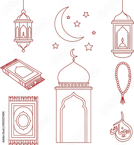 Islamic symbols illustration featuring lanterns, crescent moon, prayer beads, and ornate architectural elements in a minimalist red line art style.