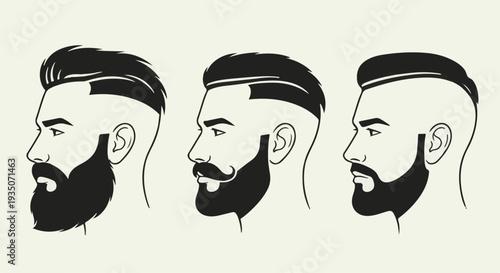 Men with trendy hairstyles and beard styles set for barbershop grooming and hair salon branding