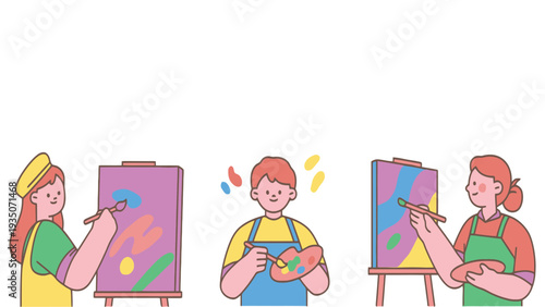 Painter people creating artwork with colorful paints on canvas boards