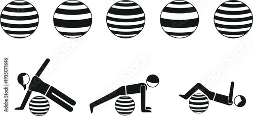 Gym exercise with stability ball icons set fitness workout training balance yoga pilates vector illustration collection