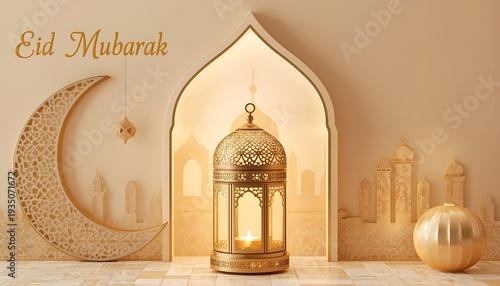 Elegant 3d rendering of eid mubarak greeting with golden crescent moon, ornate lantern, and mosque silhouette in soft beige tones