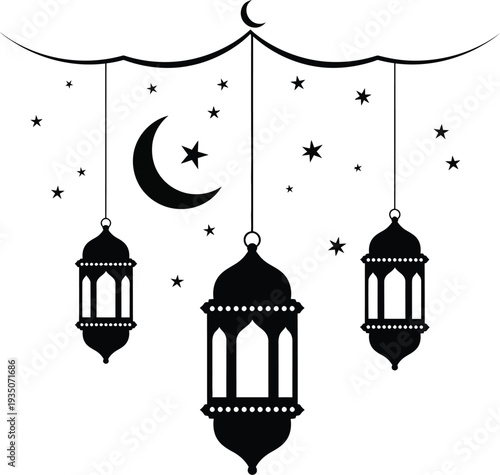 Three lanterns hanging from a crescent moon and stars illustration in a serene nighttime scene