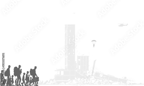 Refugee Crisis Silhouette Scene with People Migrating Past Destroyed Buildings and Helicopter, War Conflict and Humanitarian Disaster Illustration for Editorial and Social Awareness Design