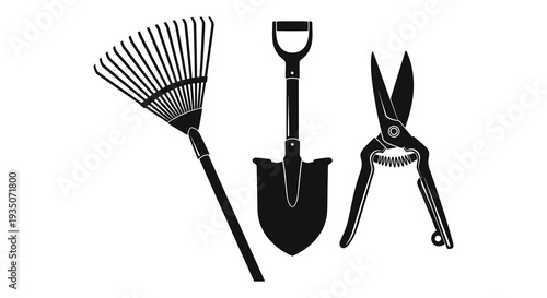 A black and white illustration depicts garden tools a rake shovel and shears in a striking silhouette high quality professional detailed