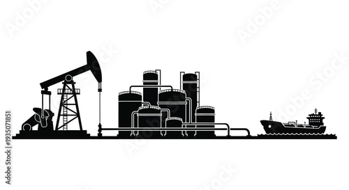 An industrial landscape depicting oil rigs storage tanks a ship and pipelines in stark silhouette high quality professional detailed modern elegant