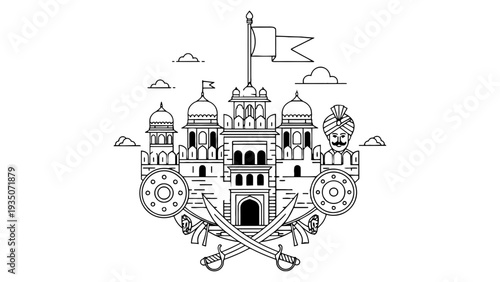 An illustration of a fort with swords and shields, representing history.