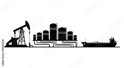 An industrial complex featuring oil rigs storage tanks a ship and pipelines presented as a striking silhouette high quality professional detailed