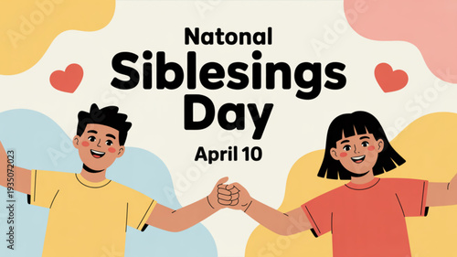 Brother and sister holding hands on national siblings day with colorful background and hearts