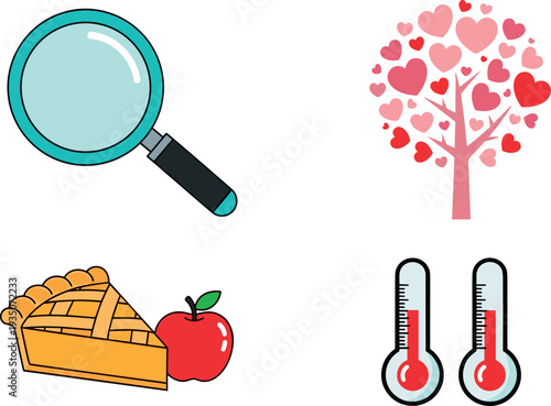 Magnifying Glass Heart Tree Apple Pie and Thermometer Icon Set with Search Love Food and Temperature Symbols for Web Design