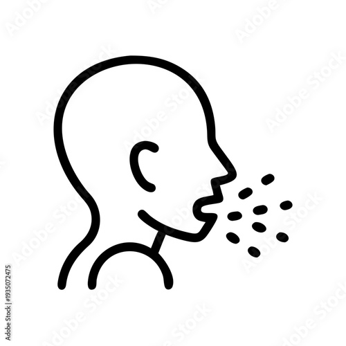 Person sneezing with particles floating out of their mouth in a simple line drawing isolated on white background, Vector