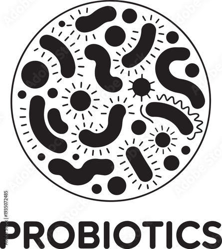 Stylized illustration of beneficial microorganisms and bacteria in a circular pattern with the word Probiotics below