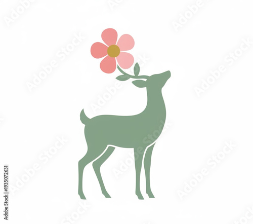 A serene deer standing calmly with a flower in its mouth, surrounded by serenity, from a side viewpoint