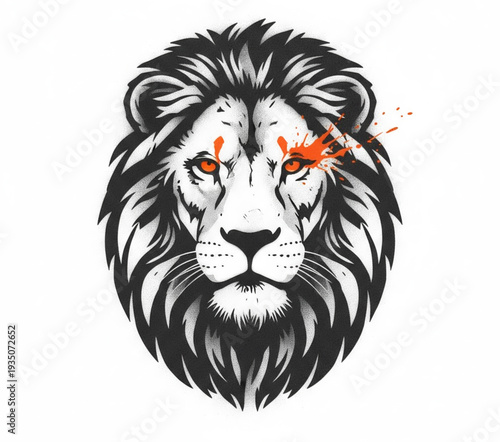 Fierce lion's face illustration with vibrant splashes, symbolizing courage and power in a detailed portrait
