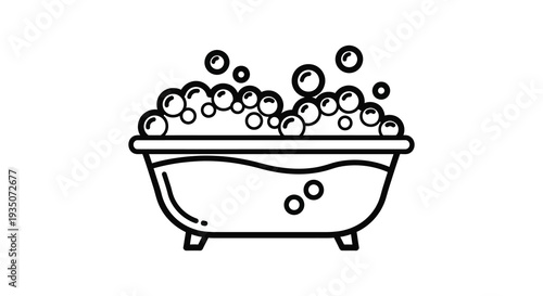A minimalist black and white line drawing of a bathtub filled with bubbles creating a relaxing scene silhouette high quality professional
