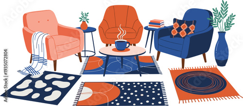 Cozy Living Room Furniture Set with Armchairs, Coffee Table, Carpets, and Home Decor Illustration for Interior Design and Modern Home Concept